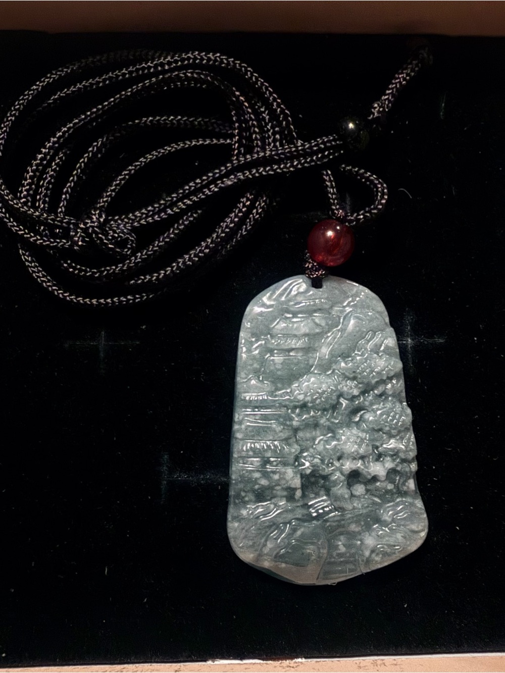 Hand-Carved Green Jade Landscape Pendant Necklace